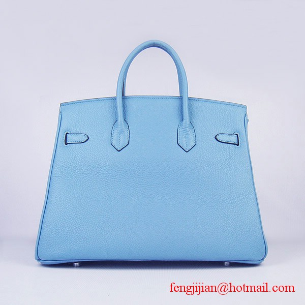 Hermes 35cm Embossed Veins Leather Bag Light Blue 6089 Silver Hardware